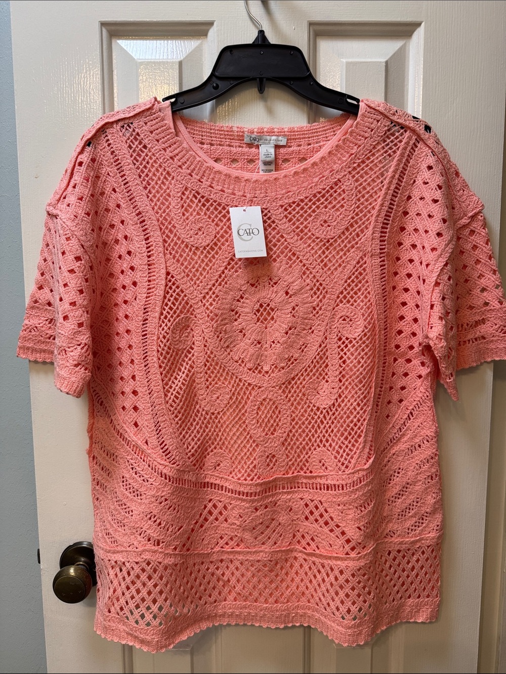 Cato Coral Pink Crochet Knit Short Sleeve Pullover